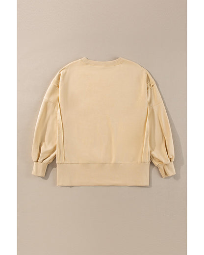 Light French Beige Exposed Seam Drop Shoulder Round Neck Sweatshirt with Slits - M