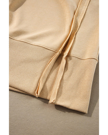 Light French Beige Exposed Seam Drop Shoulder Round Neck Sweatshirt with Slits - M