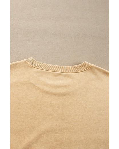 Light French Beige Exposed Seam Drop Shoulder Round Neck Sweatshirt with Slits - M