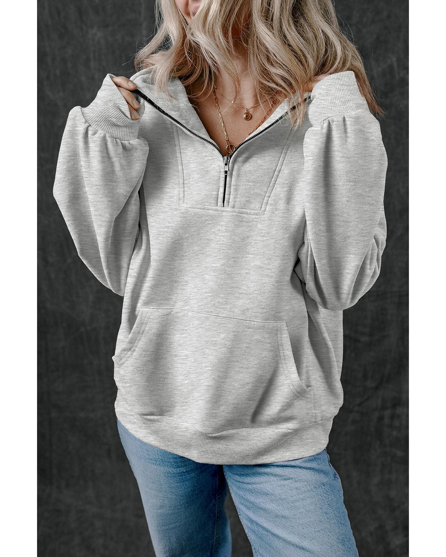 Light Grey Zip-up Stand Neck Kangaroo Pocket Sweatshirt - S