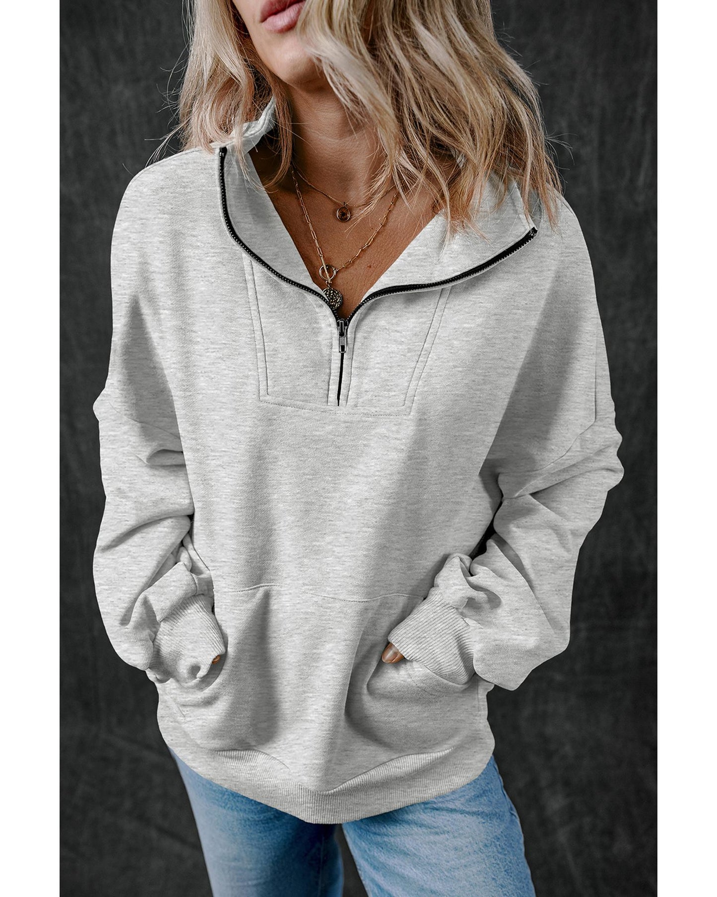Light Grey Zip-up Stand Neck Kangaroo Pocket Sweatshirt - S
