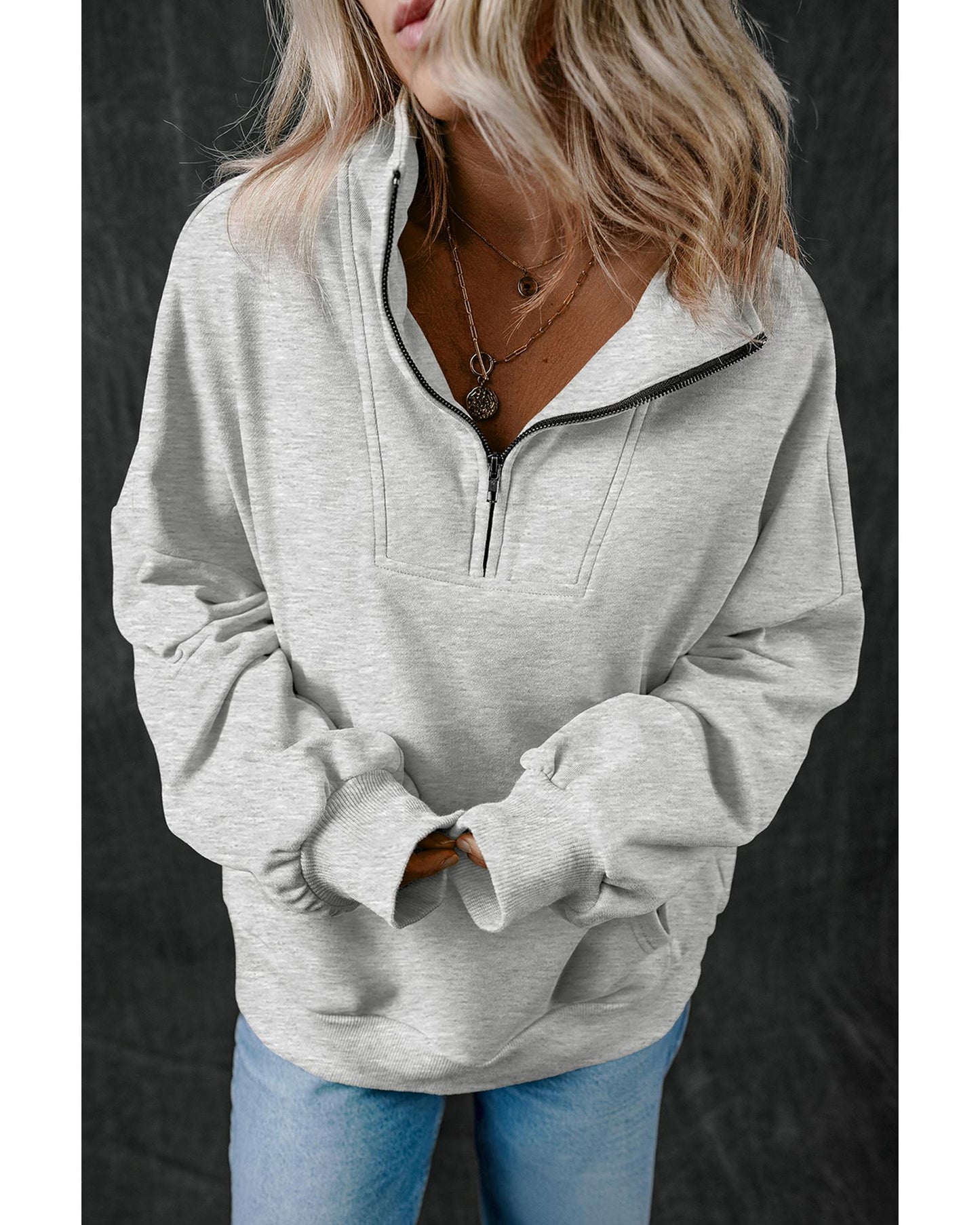 Light Grey Zip-up Stand Neck Kangaroo Pocket Sweatshirt - S