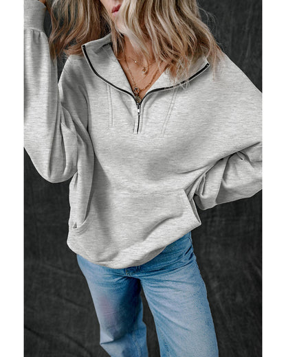 Light Grey Zip-up Stand Neck Kangaroo Pocket Sweatshirt - S