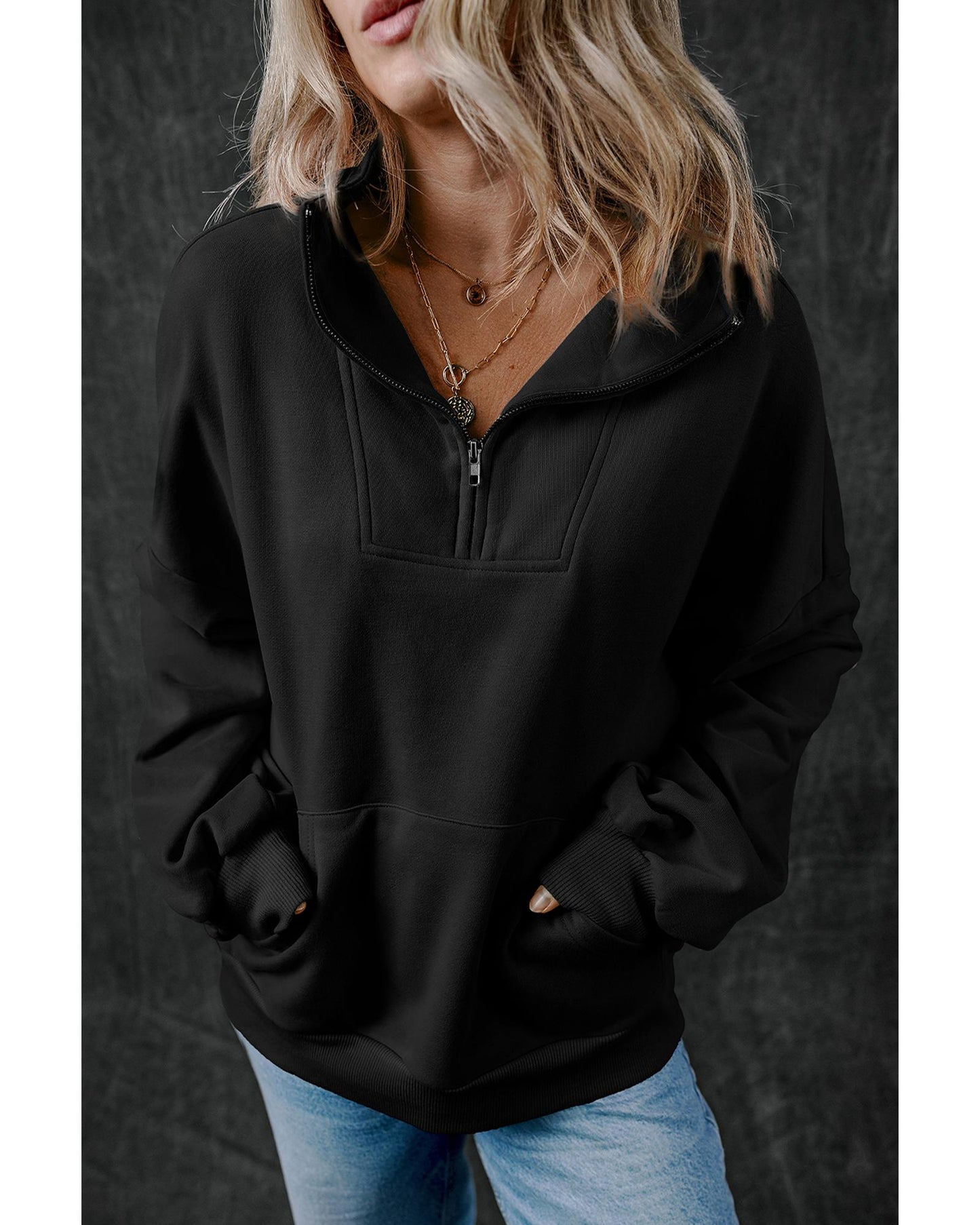 Black Zip-up Stand Neck Kangaroo Pocket Sweatshirt - M