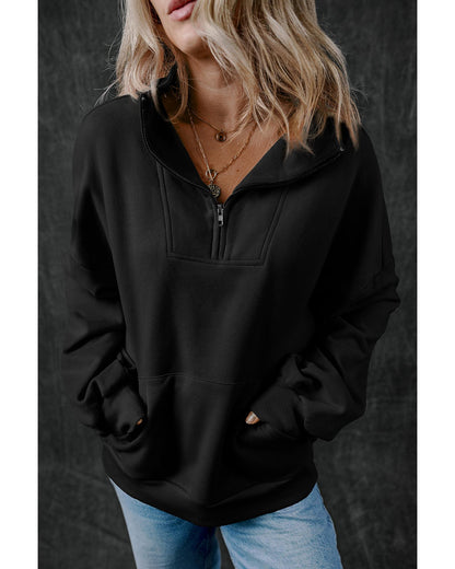 Black Zip-up Stand Neck Kangaroo Pocket Sweatshirt - M