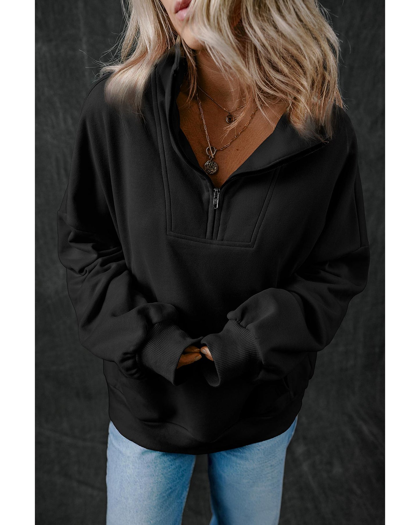 Black Zip-up Stand Neck Kangaroo Pocket Sweatshirt - M