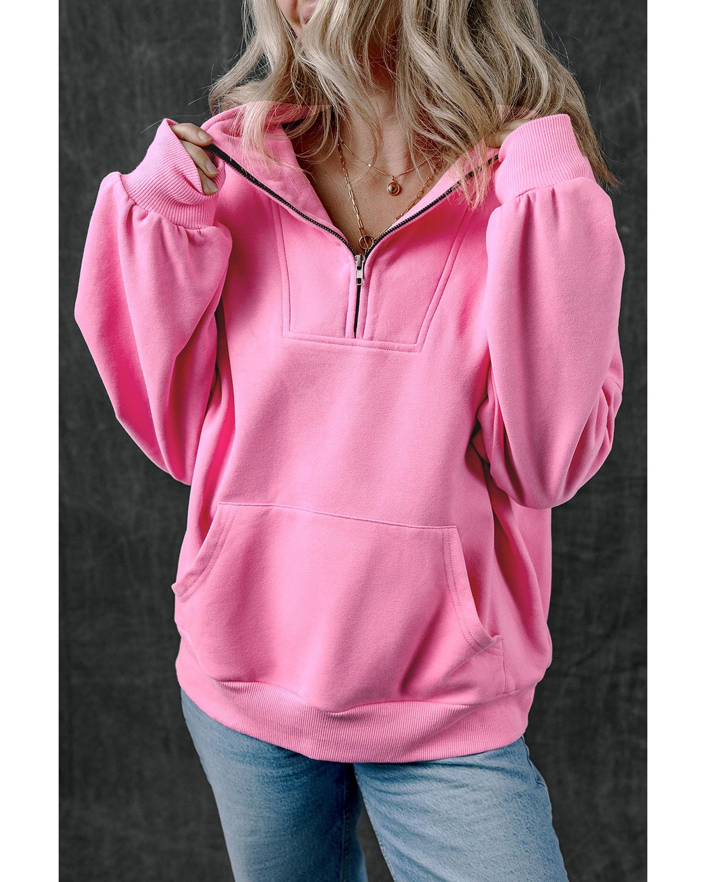 Bonbon Zip-up Stand Neck Kangaroo Pocket Sweatshirt - M