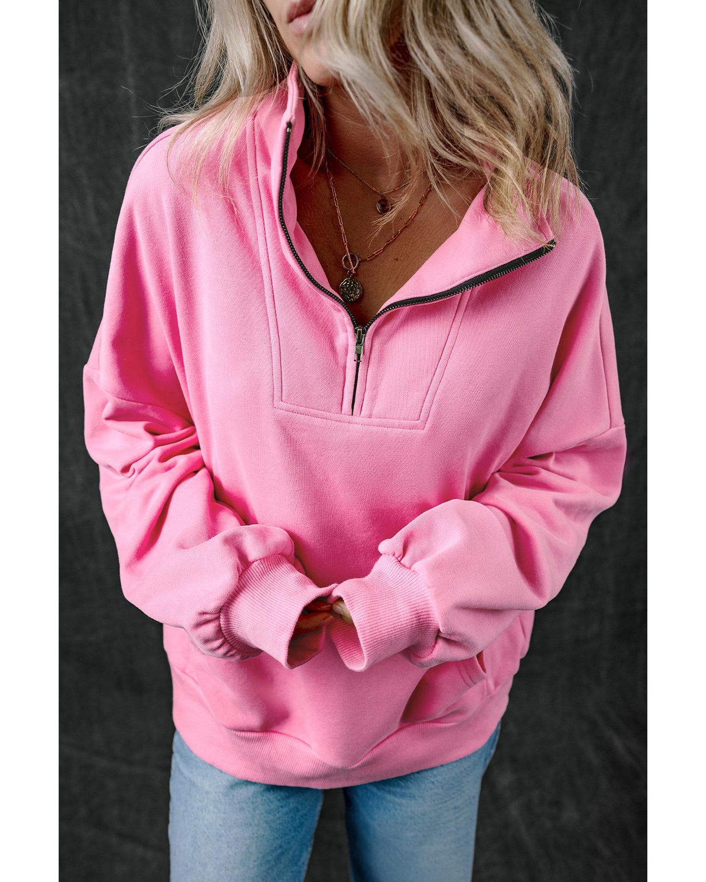 Bonbon Zip-up Stand Neck Kangaroo Pocket Sweatshirt - M