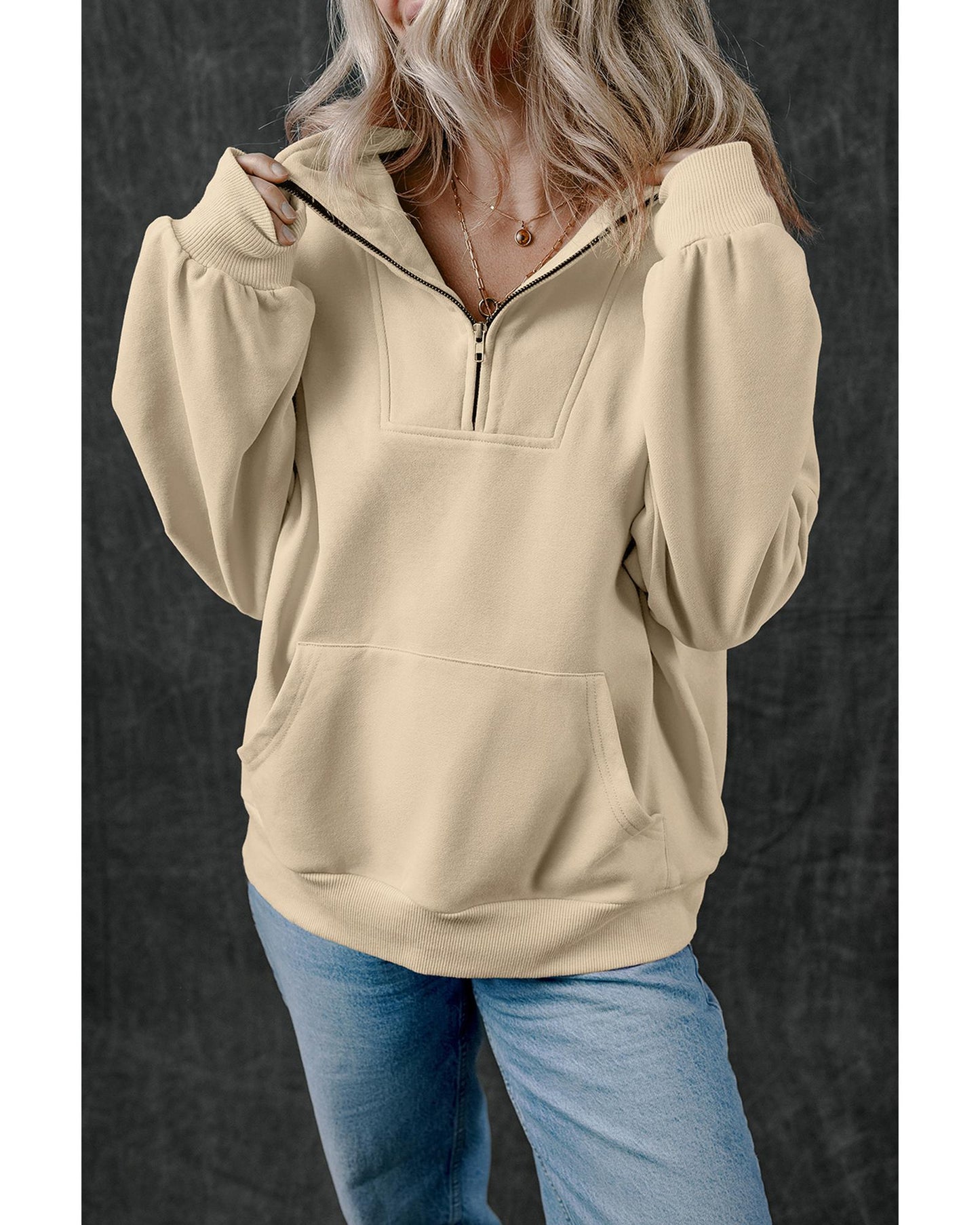 Smoke Gray Zip-up Stand Neck Kangaroo Pocket Sweatshirt - M