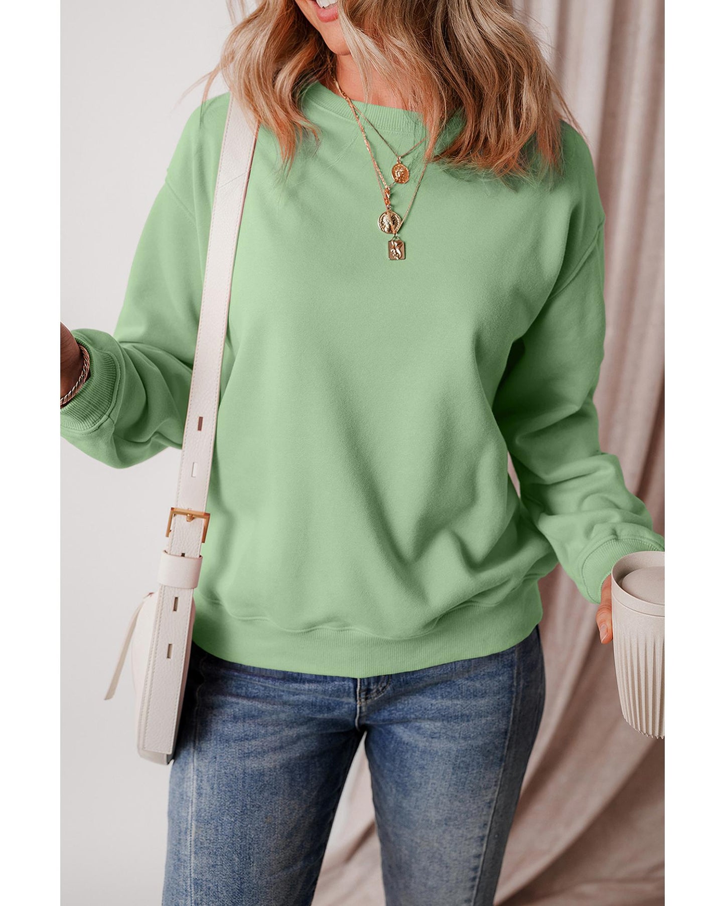 Smoke Green Solid Fleece Lined Drop Shoulder Terry Sweatshirt - 2XL