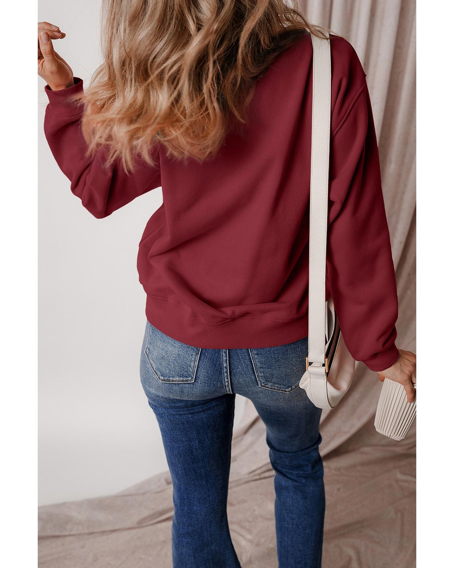 Burgundy Solid Fleece Lined Drop Shoulder Terry Sweatshirt - M