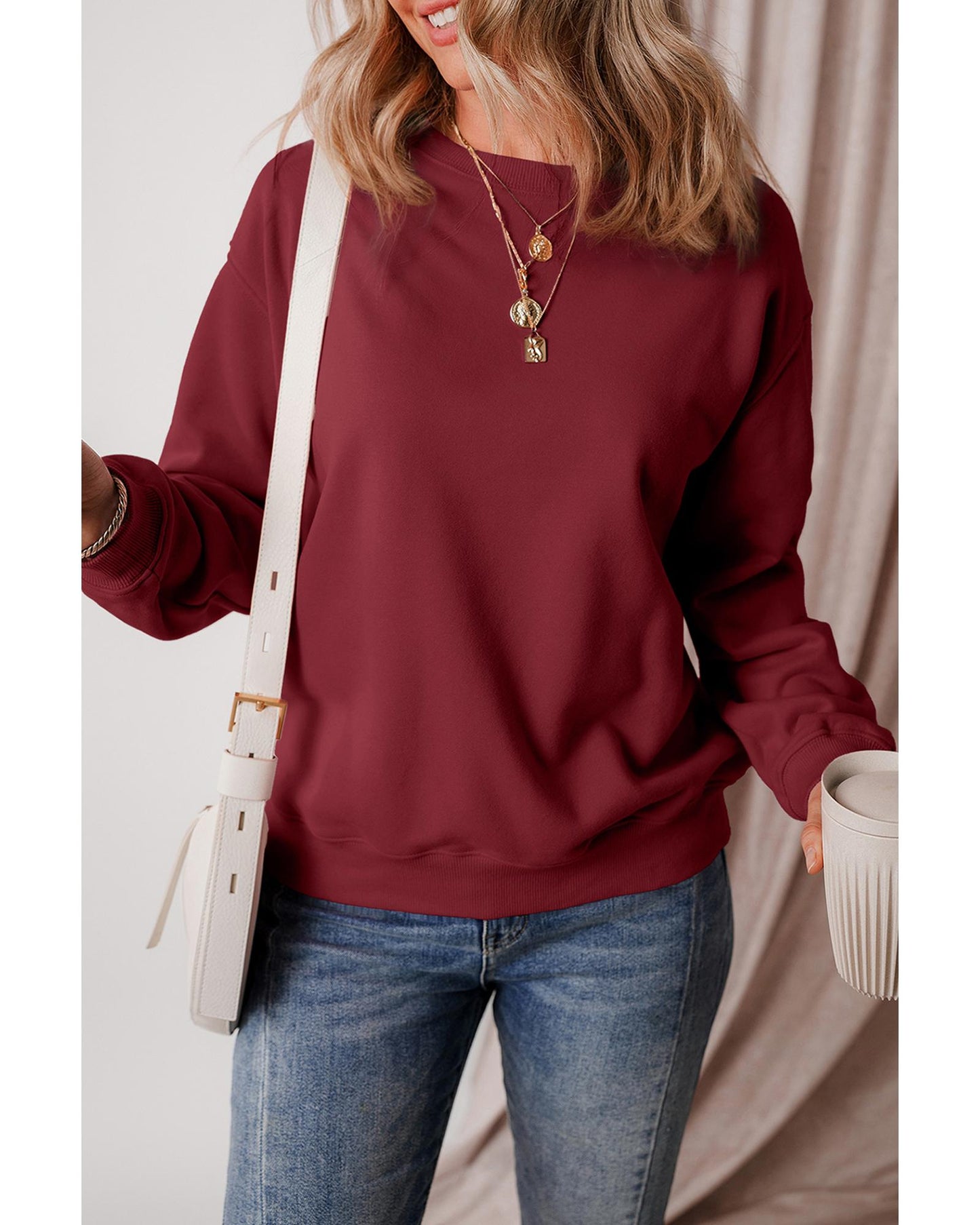 Burgundy Solid Fleece Lined Drop Shoulder Terry Sweatshirt - M