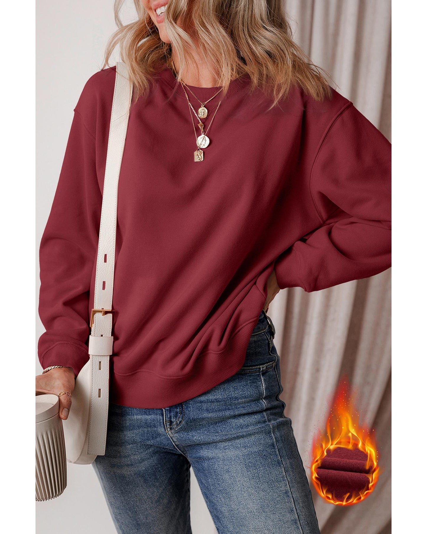 Burgundy Solid Fleece Lined Drop Shoulder Terry Sweatshirt - M