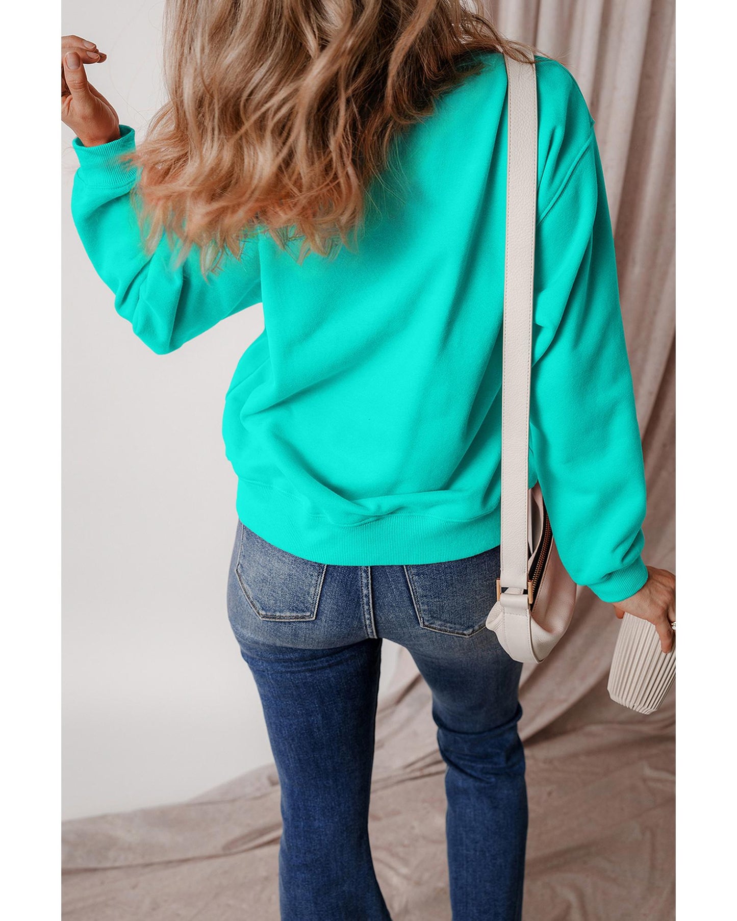 Aruba Blue Solid Fleece Lined Drop Shoulder Terry Sweatshirt - M