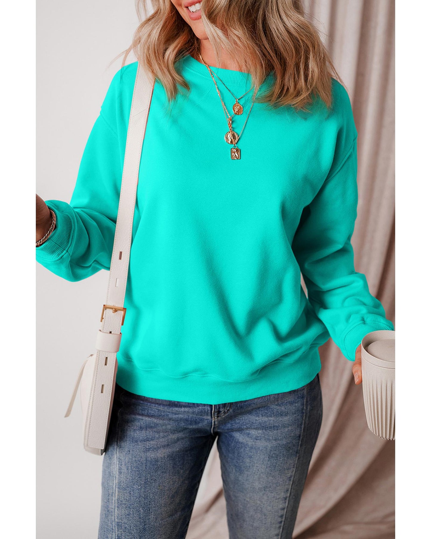 Aruba Blue Solid Fleece Lined Drop Shoulder Terry Sweatshirt - M