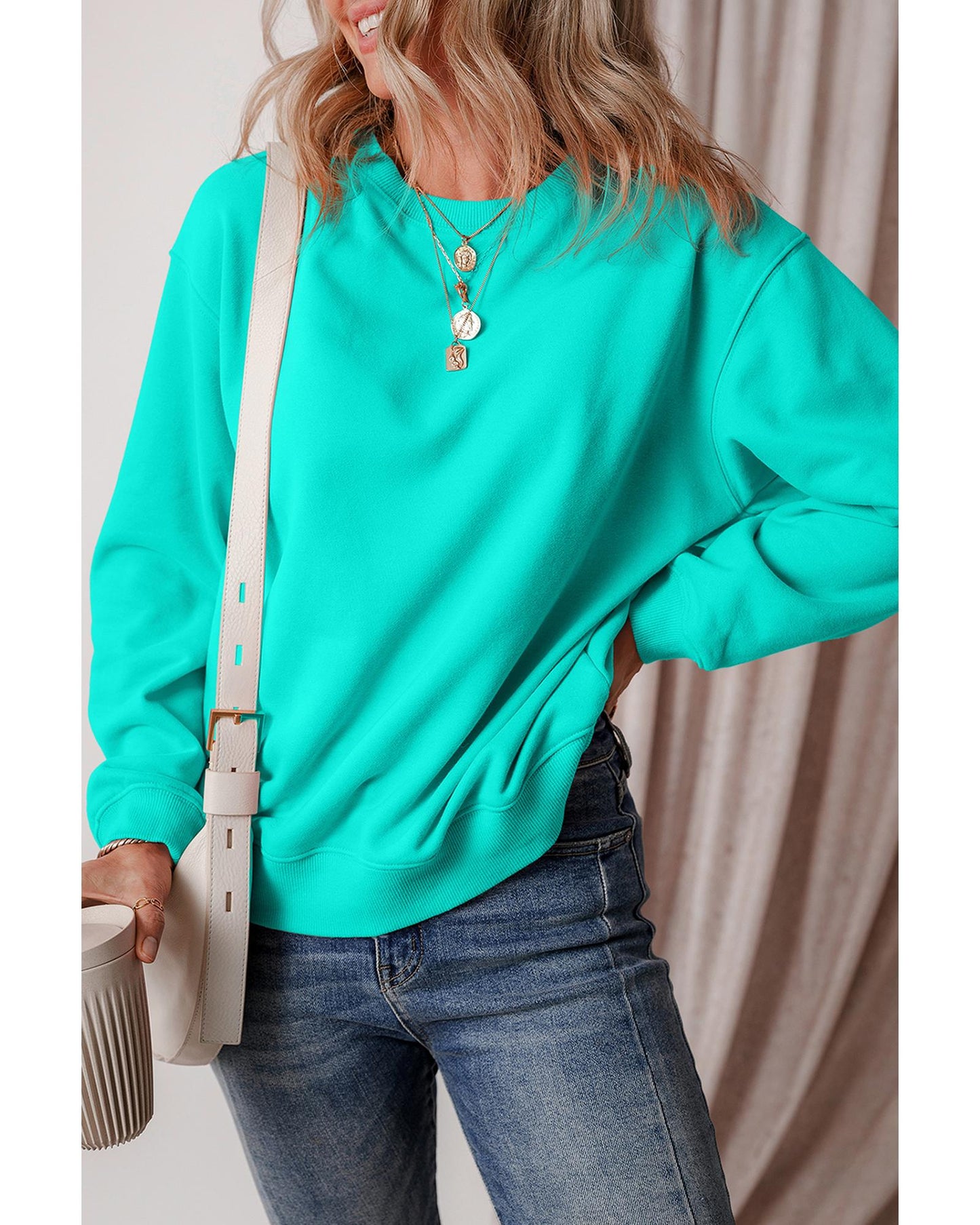 Aruba Blue Solid Fleece Lined Drop Shoulder Terry Sweatshirt - M