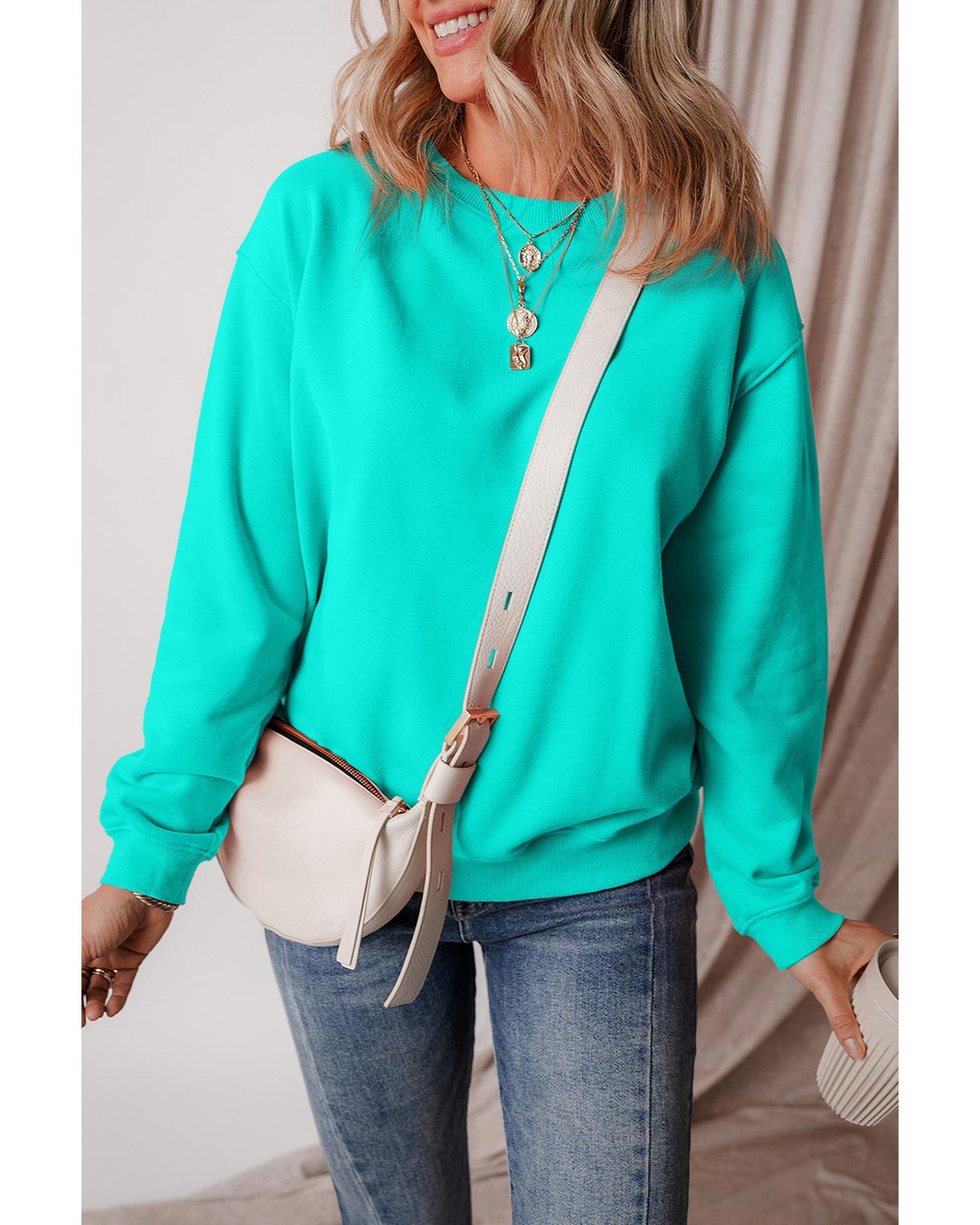 Aruba Blue Solid Fleece Lined Drop Shoulder Terry Sweatshirt - M