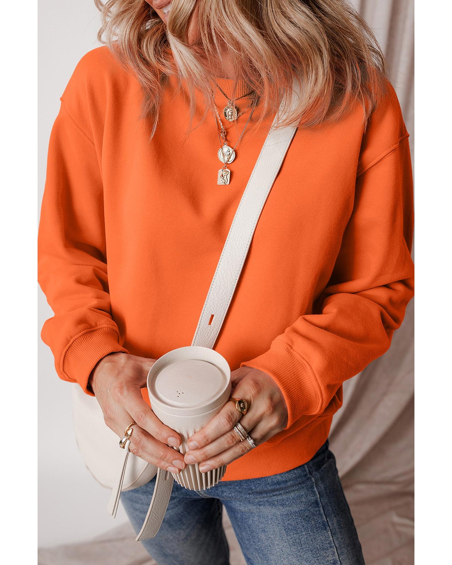 Russet Orange Solid Fleece Lined Drop Shoulder Terry Sweatshirt - L