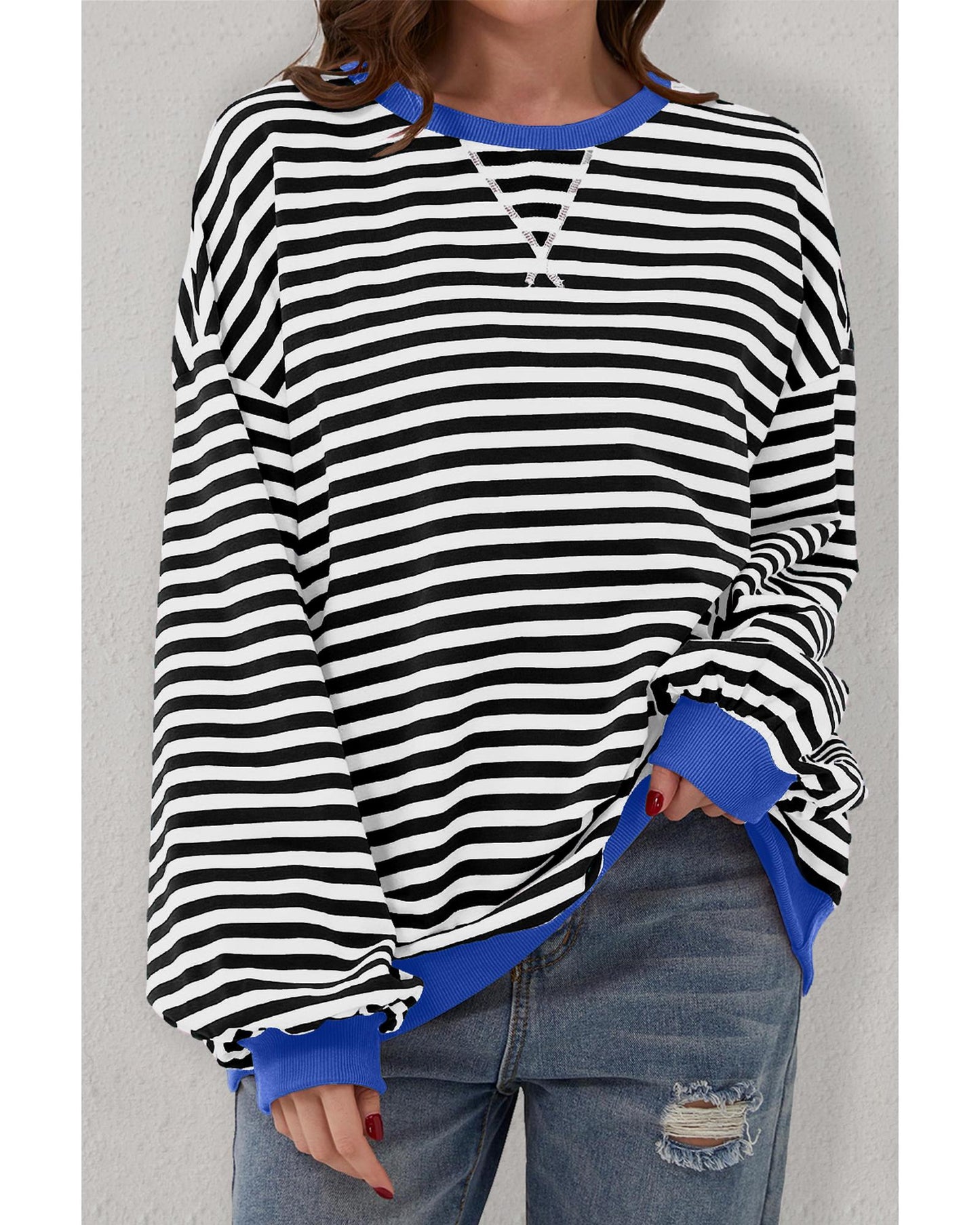 Black Stripe Oversized Contrast Trim Pullover Sweatshirt - L