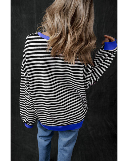 Black Stripe Oversized Contrast Trim Pullover Sweatshirt - L