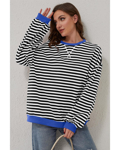 Black Stripe Oversized Contrast Trim Pullover Sweatshirt - L