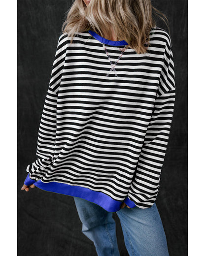 Black Stripe Oversized Contrast Trim Pullover Sweatshirt - L