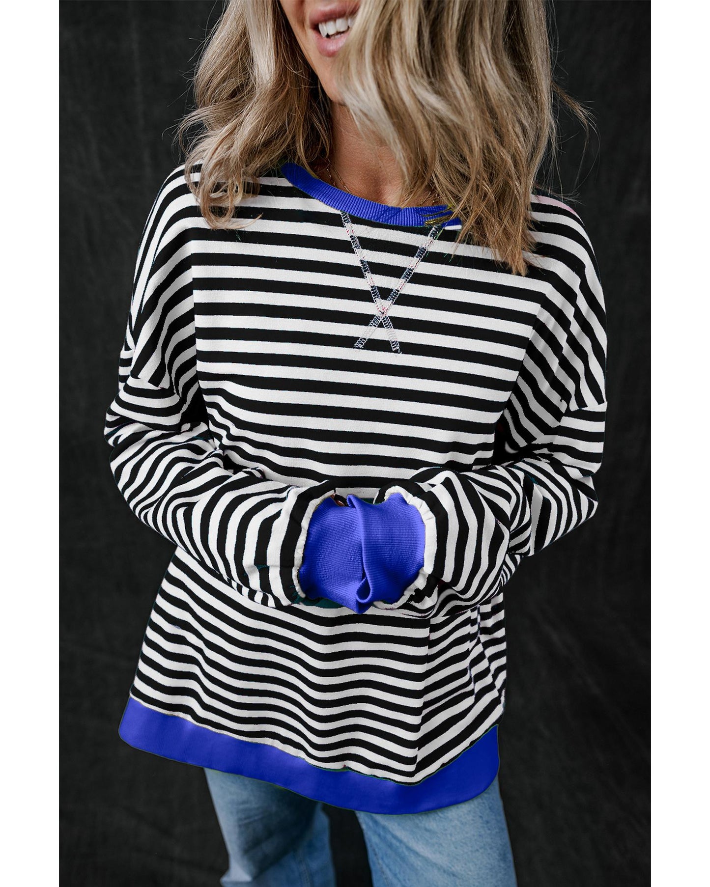 Black Stripe Oversized Contrast Trim Pullover Sweatshirt - M