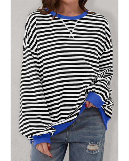 Black Stripe Oversized Contrast Trim Pullover Sweatshirt - M