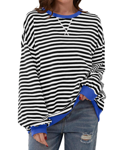 Black Stripe Oversized Contrast Trim Pullover Sweatshirt - M