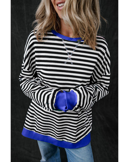Black Stripe Oversized Contrast Trim Pullover Sweatshirt - XL