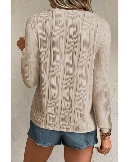 Apricot Textured Wavy Round Neck Long Sleeve Top - L