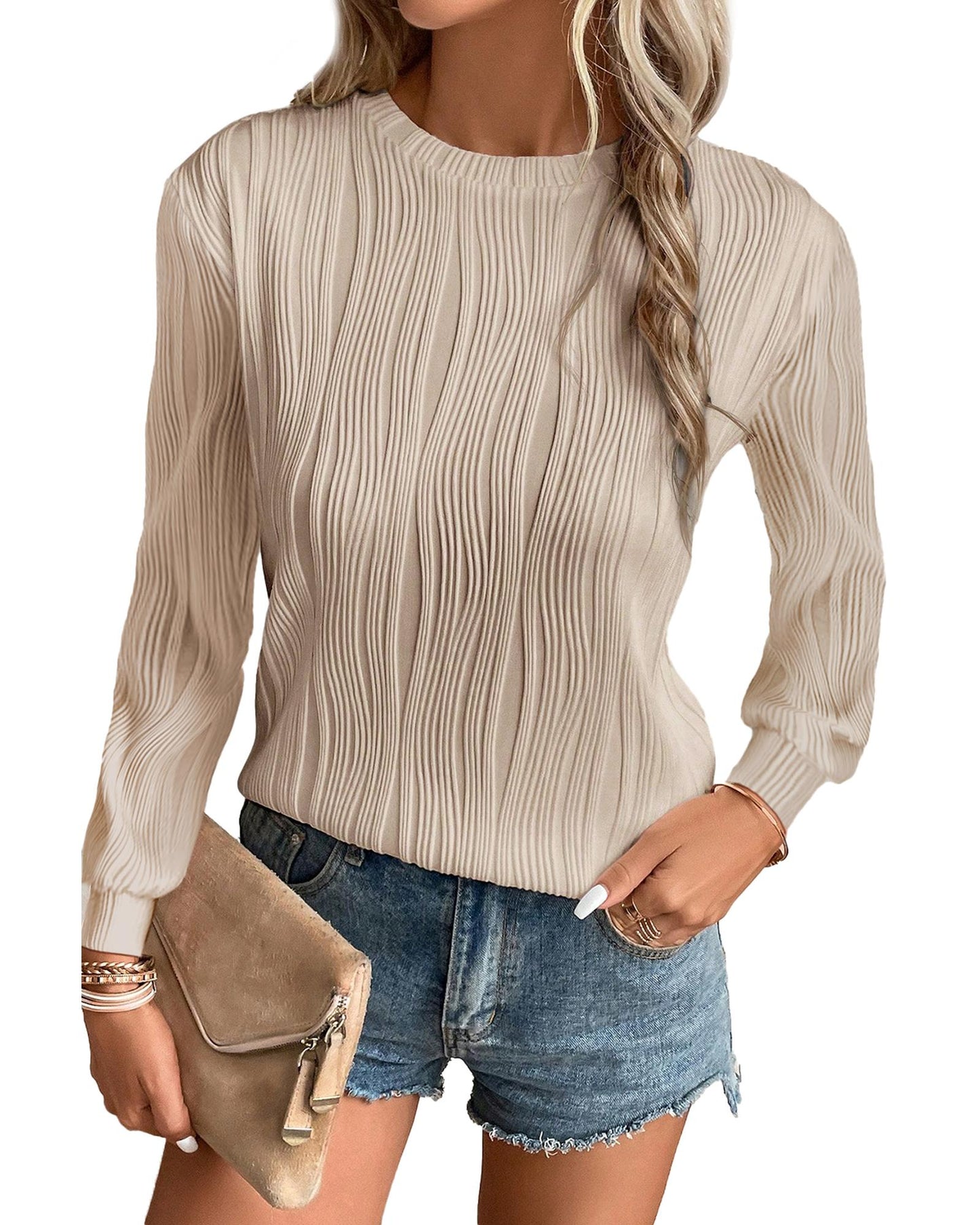 Apricot Textured Wavy Round Neck Long Sleeve Top - L