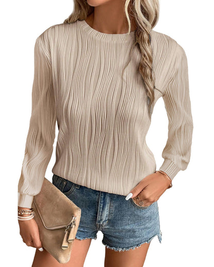 Apricot Textured Wavy Round Neck Long Sleeve Top - L