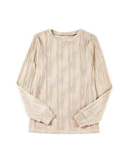 Apricot Textured Wavy Round Neck Long Sleeve Top - L