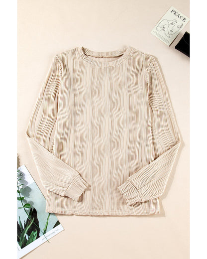 Apricot Textured Wavy Round Neck Long Sleeve Top - L