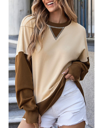 Apricot Color Block Thumbhole Sleeve Drop Shoulder Sweatshirt - 2XL