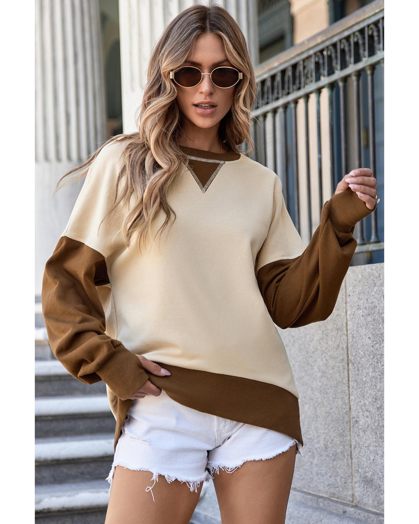 Apricot Color Block Thumbhole Sleeve Drop Shoulder Sweatshirt - 2XL