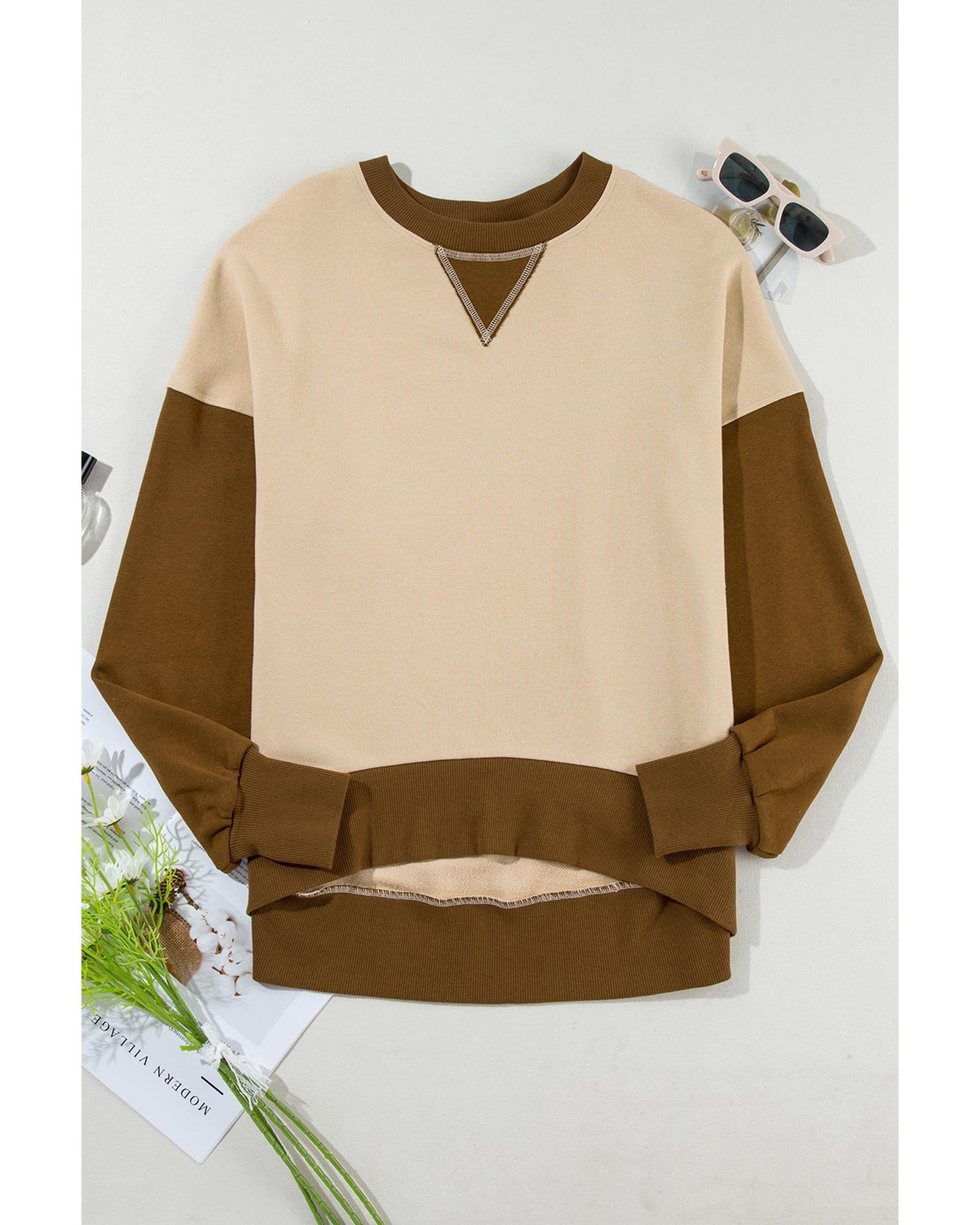 Apricot Color Block Thumbhole Sleeve Drop Shoulder Sweatshirt - XL