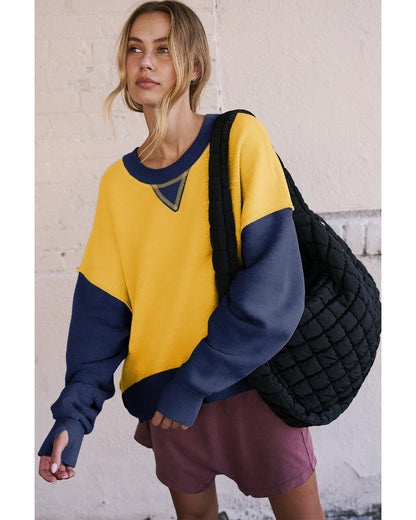 Yellow Color Block Thumbhole Sleeve Drop Shoulder Sweatshirt - 2XL