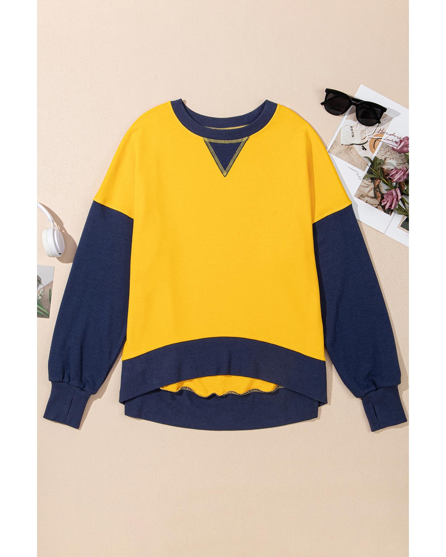 Yellow Color Block Thumbhole Sleeve Drop Shoulder Sweatshirt - 2XL