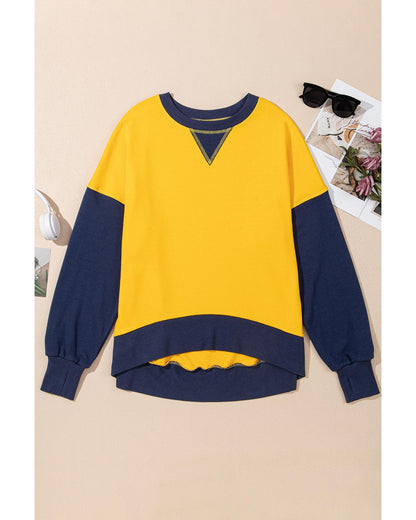 Yellow Color Block Thumbhole Sleeve Drop Shoulder Sweatshirt - 2XL