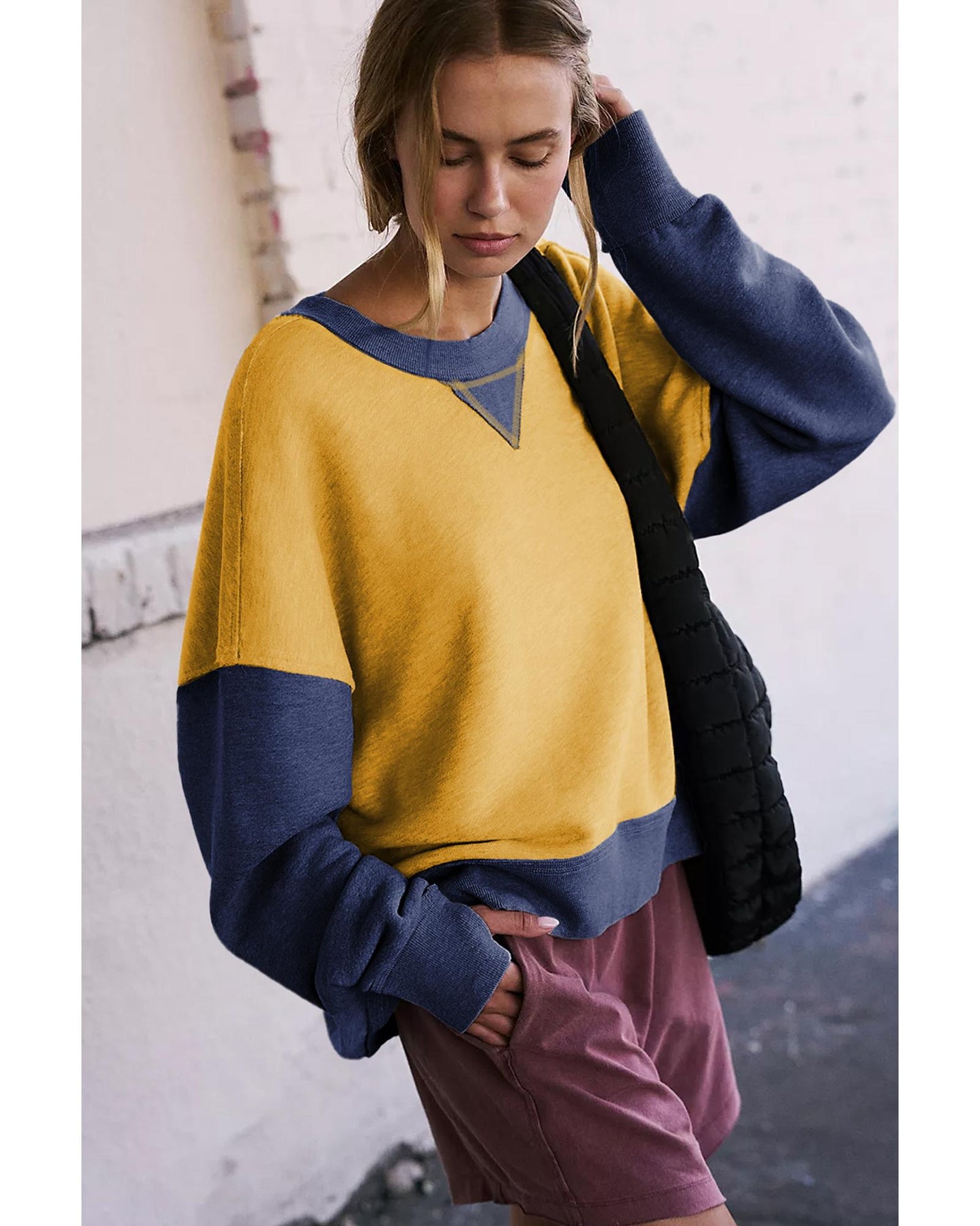 Yellow Color Block Thumbhole Sleeve Drop Shoulder Sweatshirt - 2XL