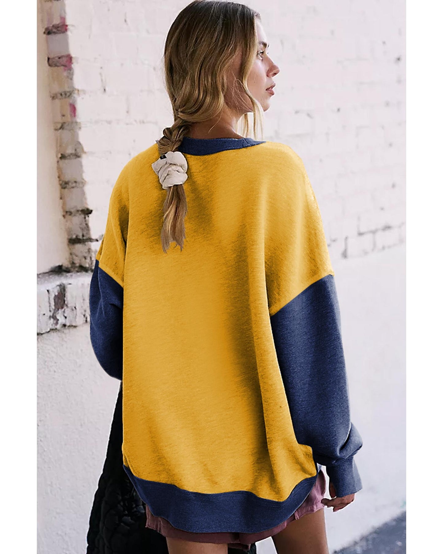 Yellow Color Block Thumbhole Sleeve Drop Shoulder Sweatshirt - 2XL