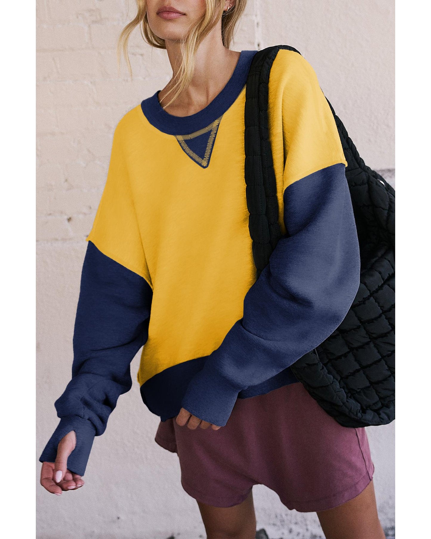 Yellow Color Block Thumbhole Sleeve Drop Shoulder Sweatshirt - 2XL