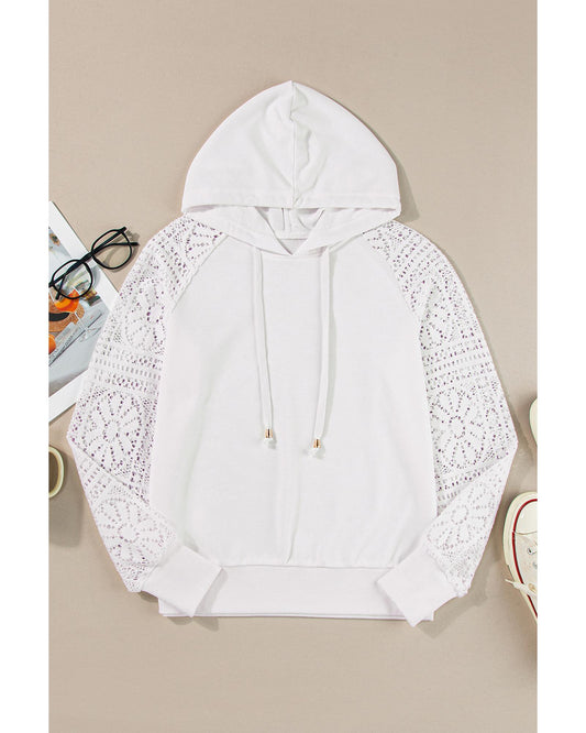 White Lace Patchwork Sleeve Drawstring Hoodie - S