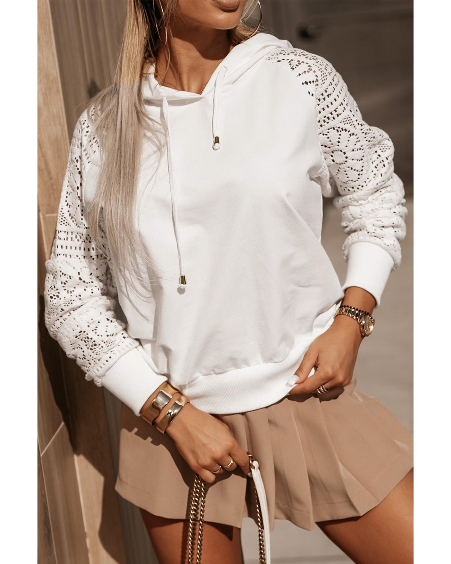 White Lace Patchwork Sleeve Drawstring Hoodie - S