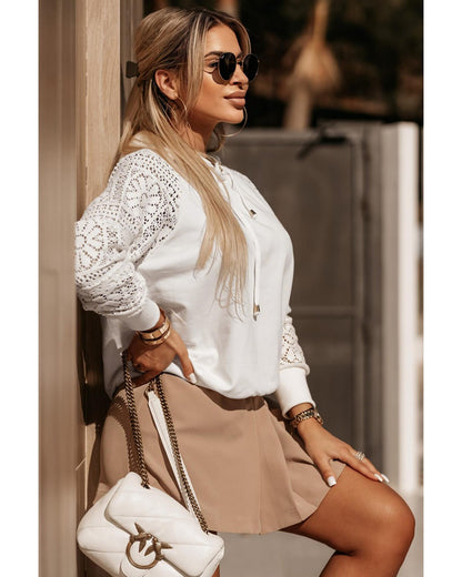 White Lace Patchwork Sleeve Drawstring Hoodie - S