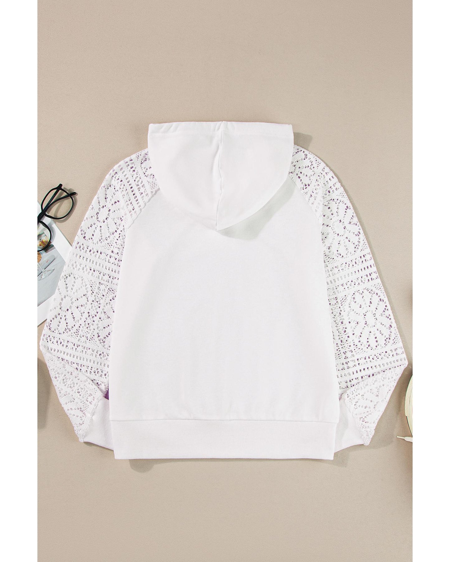 White Lace Patchwork Sleeve Drawstring Hoodie - S