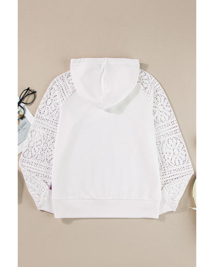 White Lace Patchwork Sleeve Drawstring Hoodie - S