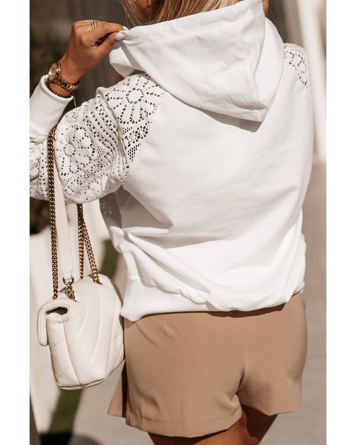 White Lace Patchwork Sleeve Drawstring Hoodie - S